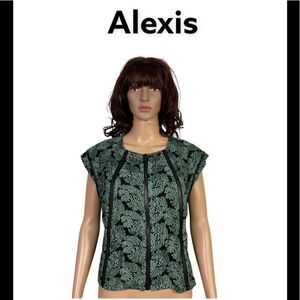 Alexis green black floral embroidered zip decor fitted top L